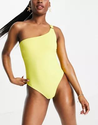 Pieces ring detail one shoulder swimsuit in bright yellow | ASOS (Global)