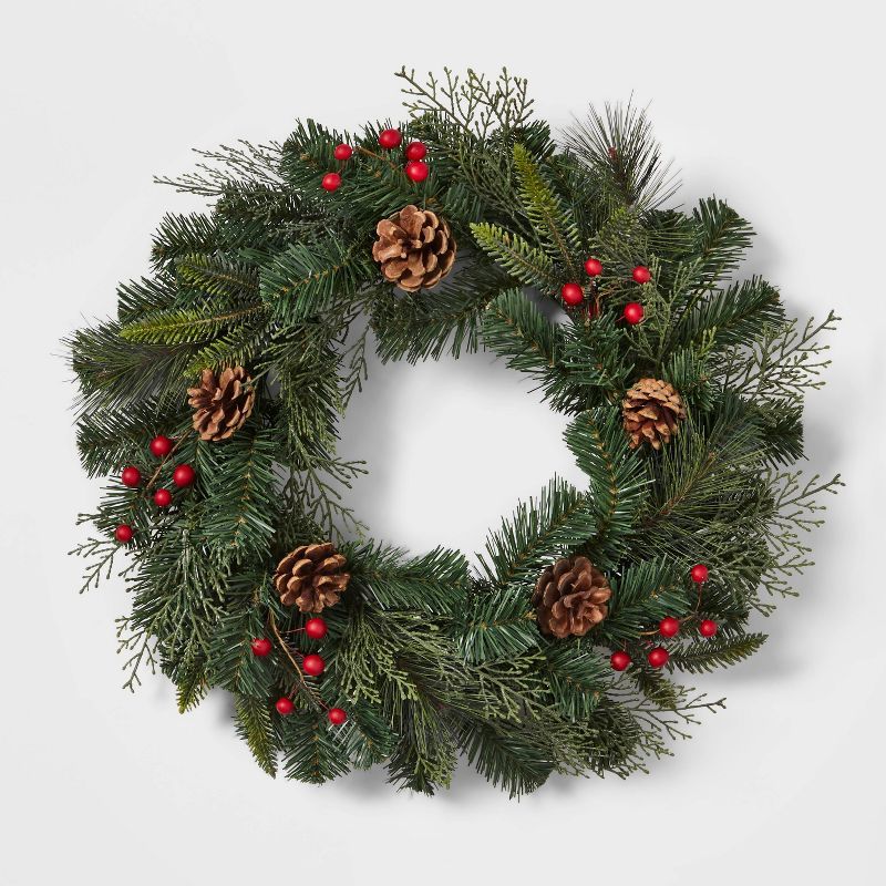 22" Mixed Greenery Artificial Christmas Wreath with Pinecones & Red Berries - Wondershop™ | Target