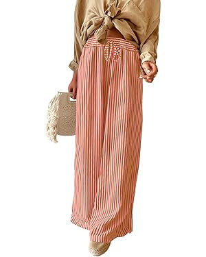 Acelitt Women Casual Drawstring Elastic Waist Striped Wide Leg Pants with Pockets, S-XXL | Amazon (US)