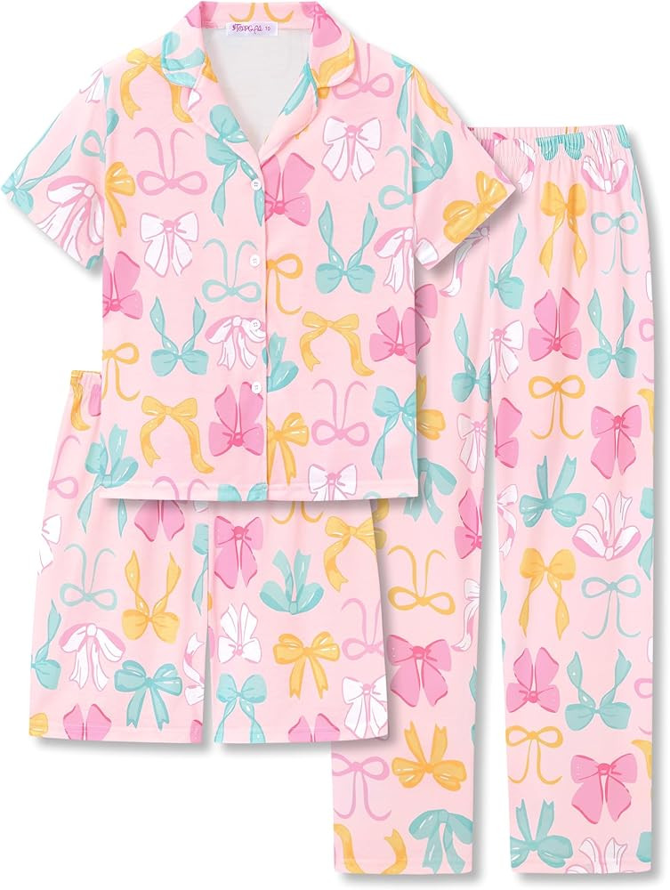 Topgal 3-Pieces Coat Style Pajamas for Girls - Bows Puppy Graphic Print Kids' Short Sleeves & Sho... | Amazon (US)