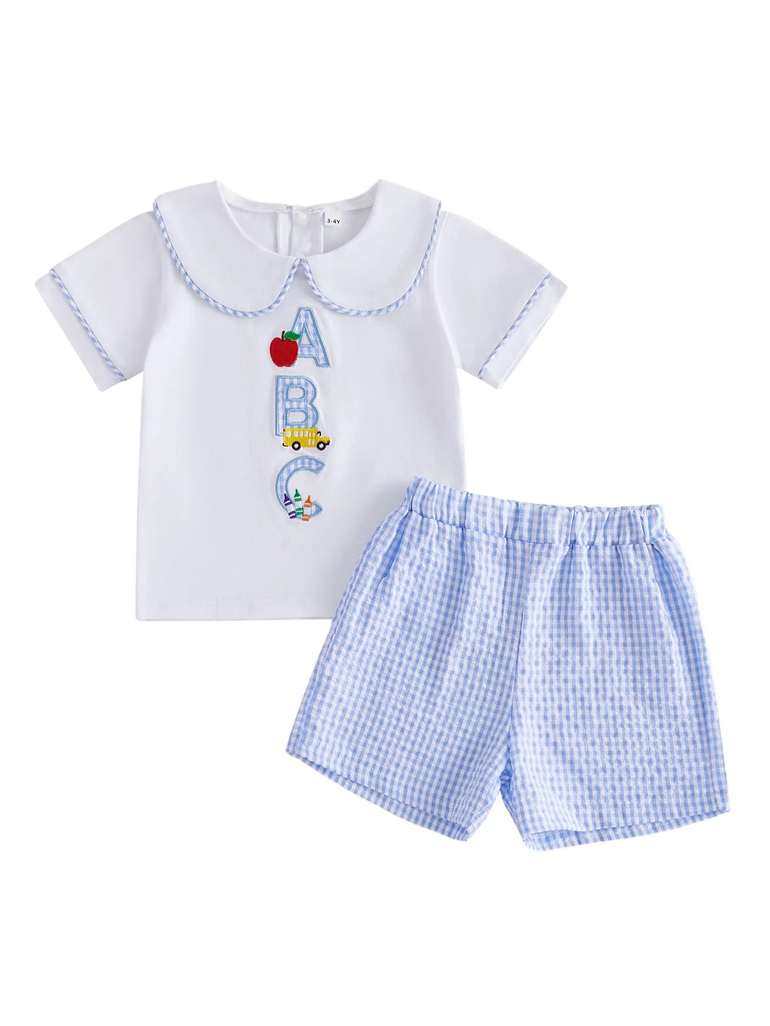 BemeyourBBs Toddler Baby Girl Boy Back to School Outfit Baby First Day of School Kindergarten Outfit Baby Summer Clothes Short Sleeve Apple Letters Embroidery Doll Collar Shirt Tops Plaid Shorts Set - Walmart.com | Walmart (US)