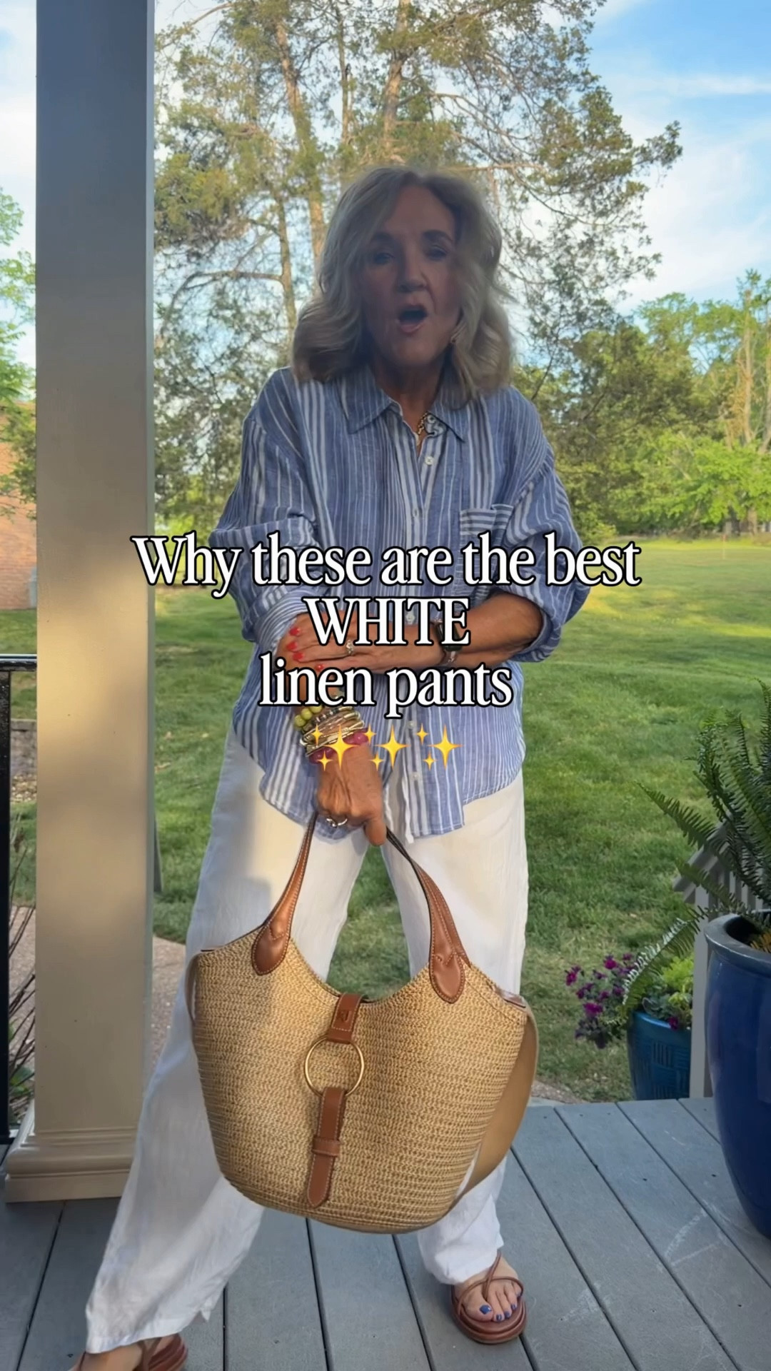 Favorite white linen pants are on sale for the first time! Only through Monday night! Wearing a medium regular. Not a petite. They are lined! 
Linen blouse medium very relaxed you could prob size down too 
10% off my splurge bag with code NANETTE 
20% off my bracelets code NANETTE20

Linen pants vacation outfit 

#LTKSaleAlert #LTKOver40 #LTKSeasonal