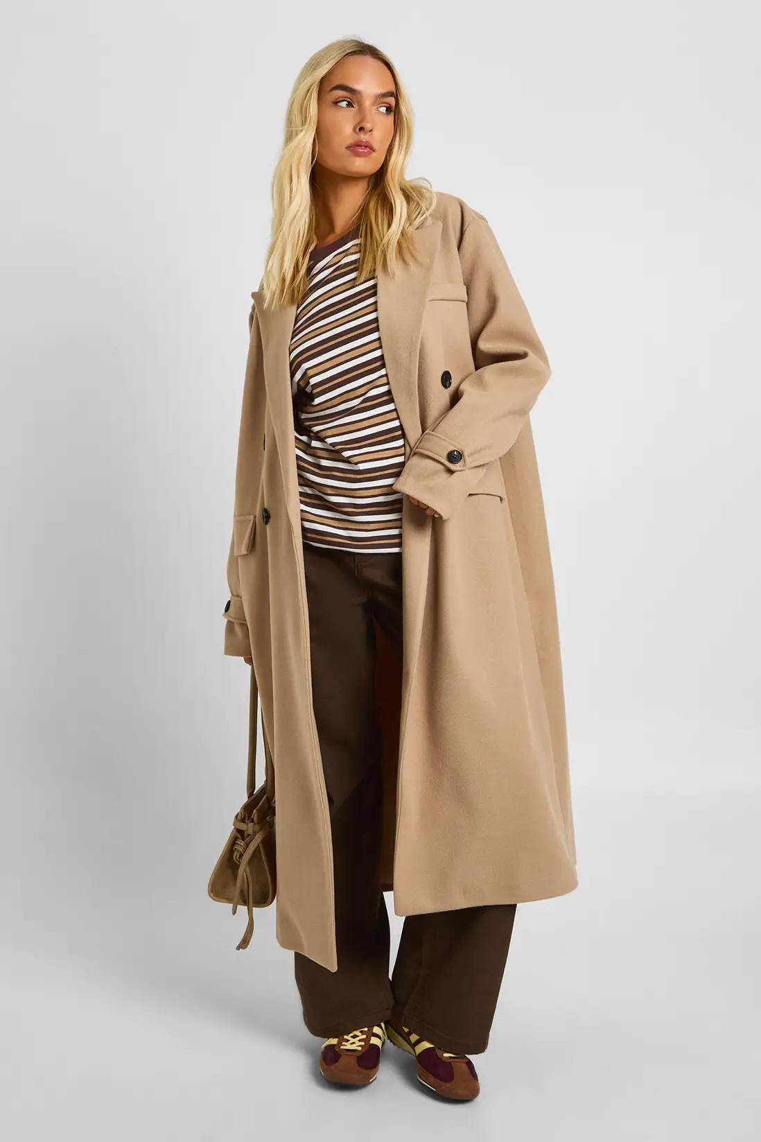 Stone Oversized Cuff Detail Wool Look Coat | Boohoo | Boohoo.com (UK & IE)