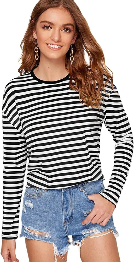 SweatyRocks Women's Casual Striped Tee Shirt Long Sleeve Round Neck Top | Amazon (US)