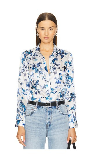 Tyler Long Sleeve Blouse in White & Blue | Revolve Clothing (Global)