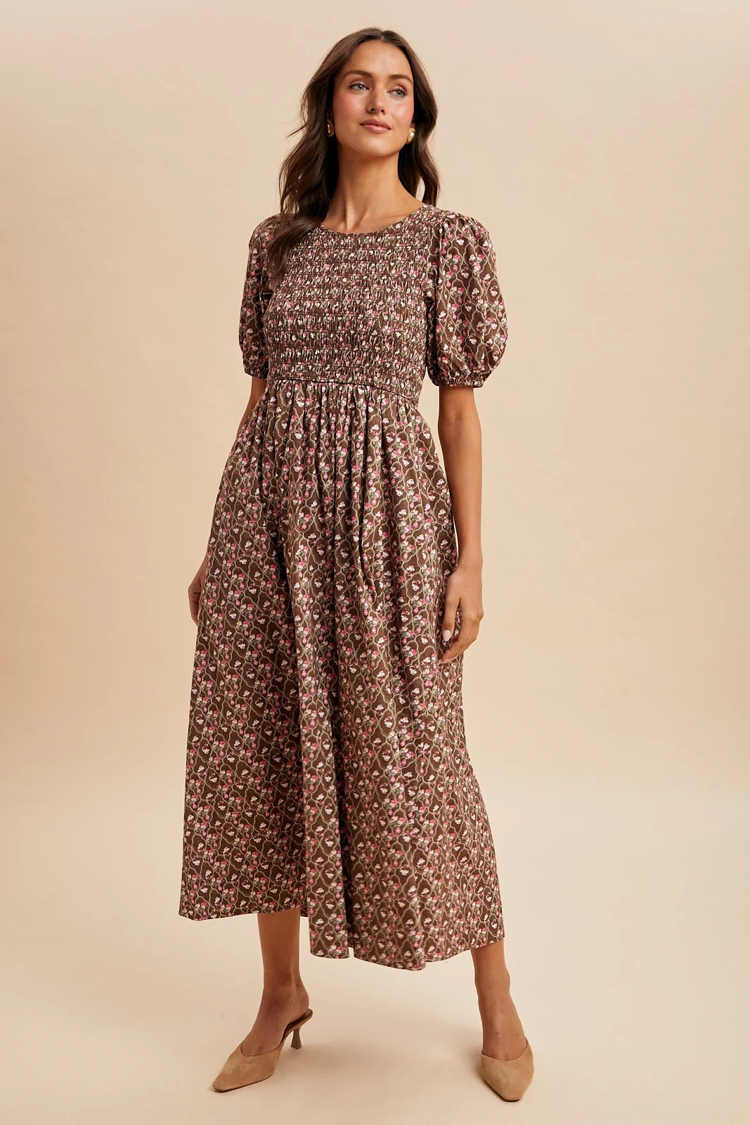 Mocha Floral Smocked Puff Sleeve Maxi Dress | PinkBlush Maternity