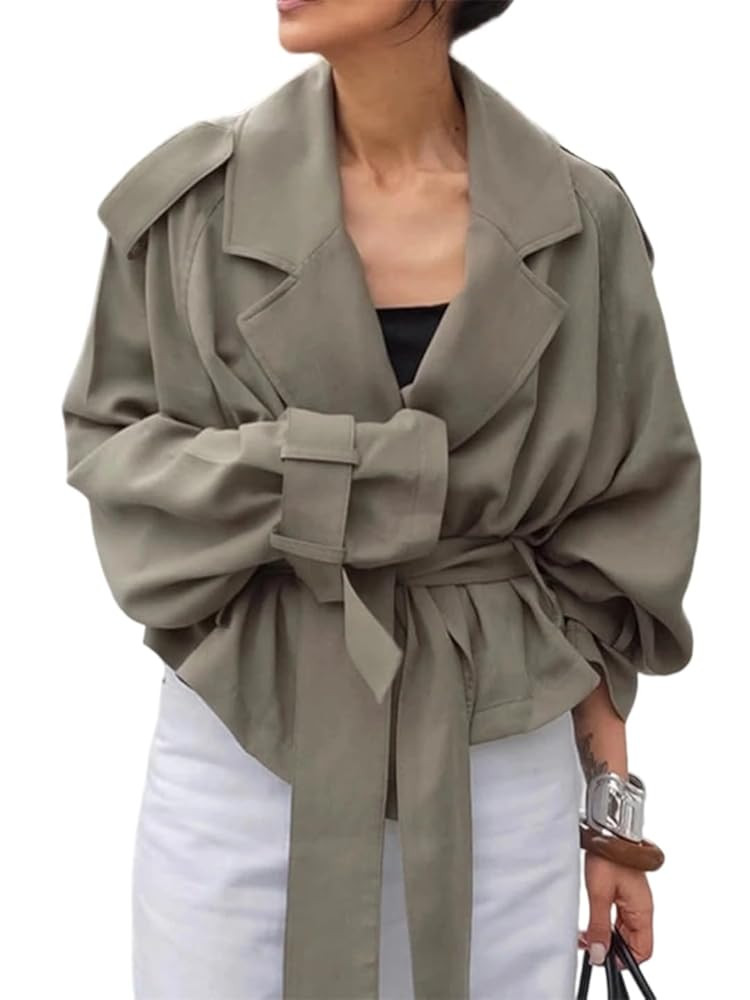 Women's lapel long sleeve wide shoulder short windbreaker | Amazon (US)