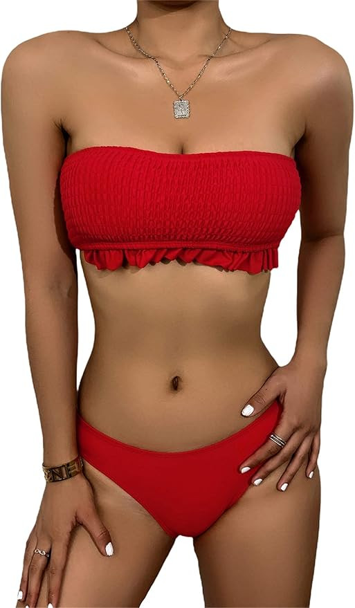 Avanova Women's High Cut Bandeau Bikini Set Strapless 2 Pieces Bathing Suit Swimsuit | Amazon (US)