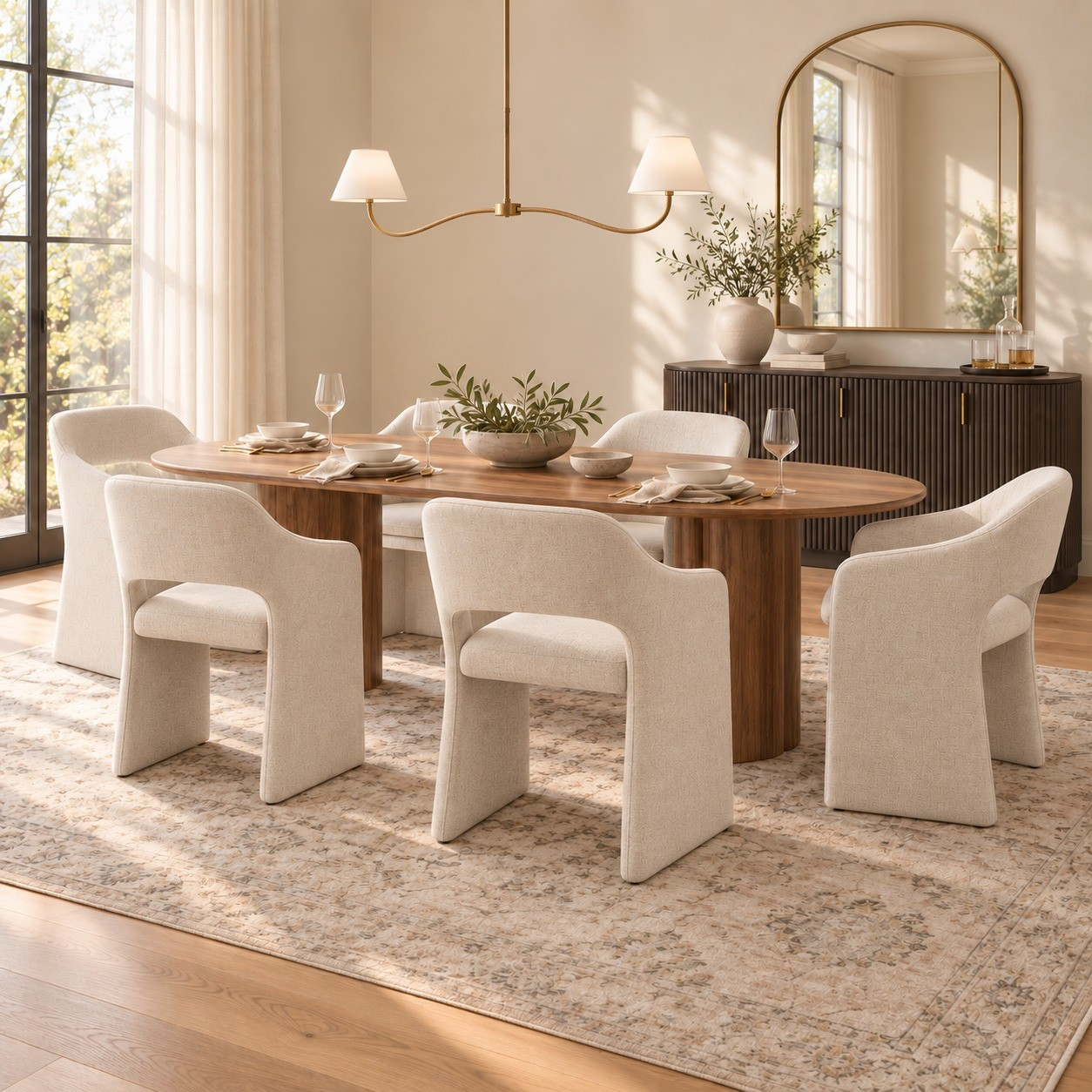 Warm wood, sculptural upholstered chairs, and a fluted buffet 🤍 Soft neutrals and brass accents bring this organic modern dining room together.#DiningRoomInspo #OrganicModern #NeutralDecor #DiningRoomStyling#WayfairHome

#LTKHome #LTKSaleAlert