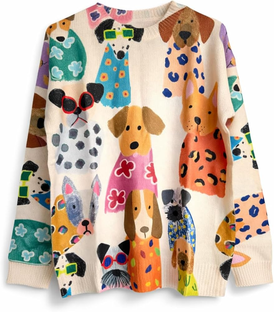 Women's Colorful Dog Print Knit Sweater | Amazon (US)
