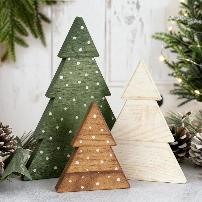 DAZONGE Christmas Decor, Set of 3 Wooden Tabletop Christmas Tree Decorations Sign, Farmhouse Neut... | Amazon (US)