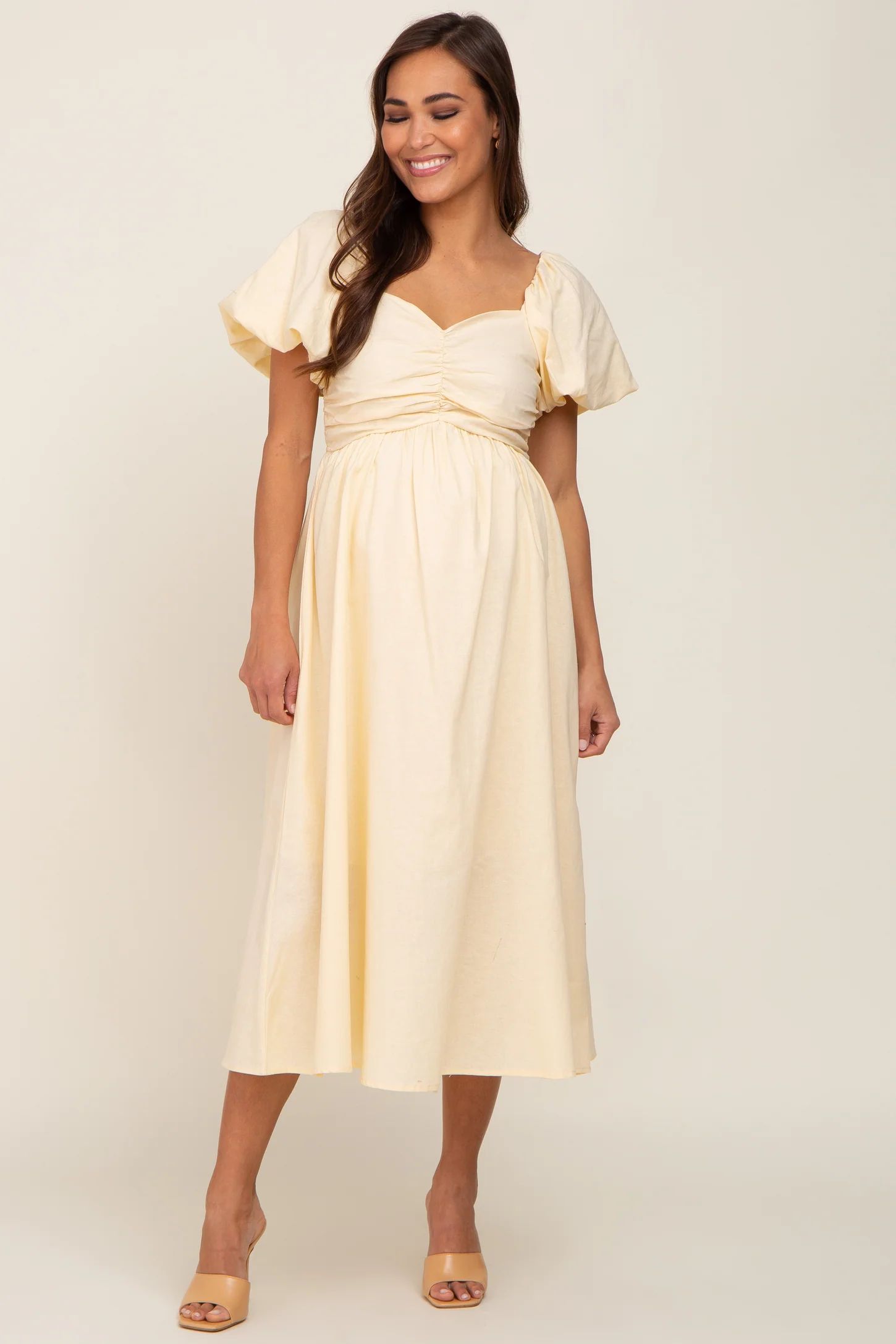 Yellow Sweetheart Neck Puff Sleeve Linen Maternity Midi Dress | PinkBlush Maternity