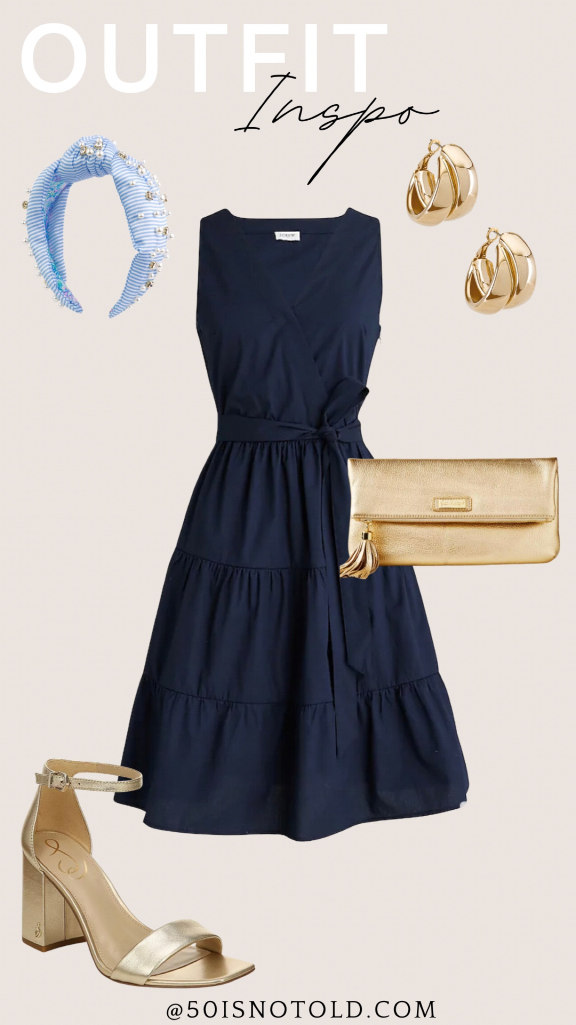 blue dress with gold accessories 50isnotold on LTK royal blue dress accessories