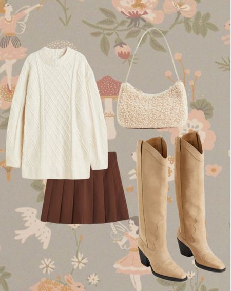 Autumn winter wardrobe staples cable knit sweater pleated mini skirt boucle sherpa shoulder bag western inspired knee high brown boots

#LTKSeasonal #LTKunder50 #LTKstyletip