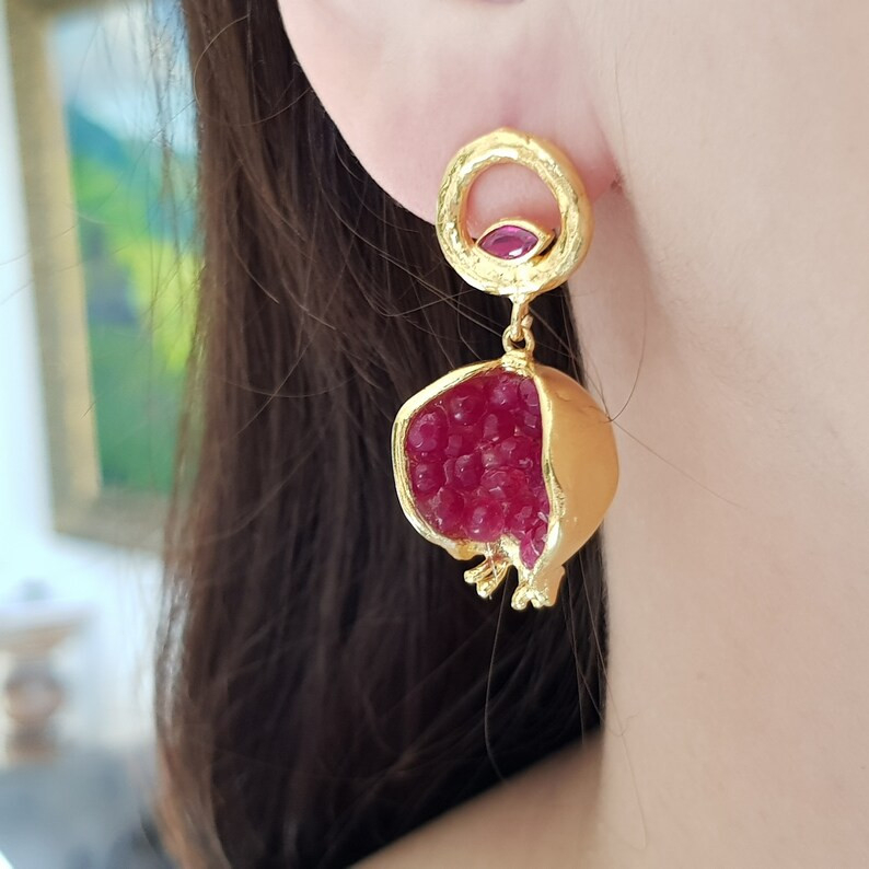 Pomegranate Earrings. Deep Red Dangle Earrings. Gold Plated - Etsy | Etsy (US)