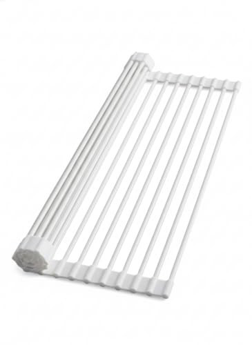 INTRESTIN Roll Up Dish Drying Rack Over Sink, 16.93" x 12.99" Foldable Silicone Wrapped Stainless Steel Over The Sink Dish Drying Rack, White | Amazon (US)