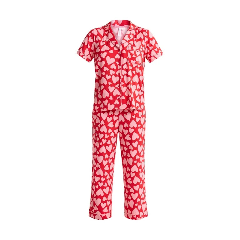Joyspun Women's and Women’s Plus Jersey Notch Collar Top and Capri Pants Pajama Set, 2-Piece, S... | Walmart (US)