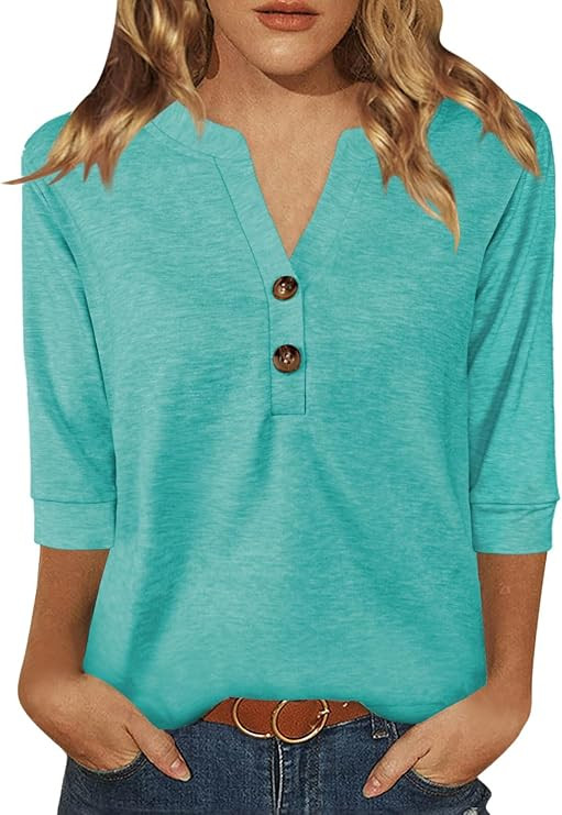 Dimur Womens Tops 3/4 Sleeve V Neck Button Down Shirts Business Casual Outfits Basic Tees Summer ... | Amazon (US)