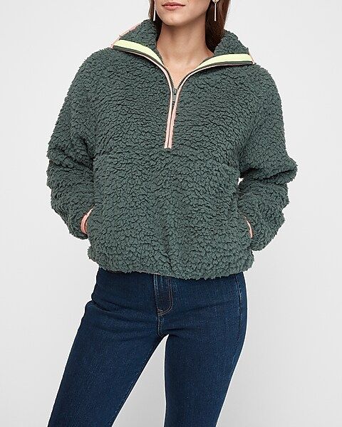 contrast trim sherpa half zip sweatshirt | Express