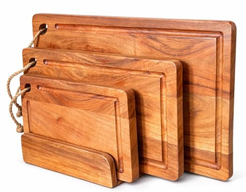 Woodify Acacia Wood Cutting Board Set of 3, Wooden Cutting Boards for Kitchen with Wood Storage Stand,Chopping Board, Non Toxic Wood Reversible Cutting Boards for Meat, Vegetables, Bread & Serving | Amazon (US)
