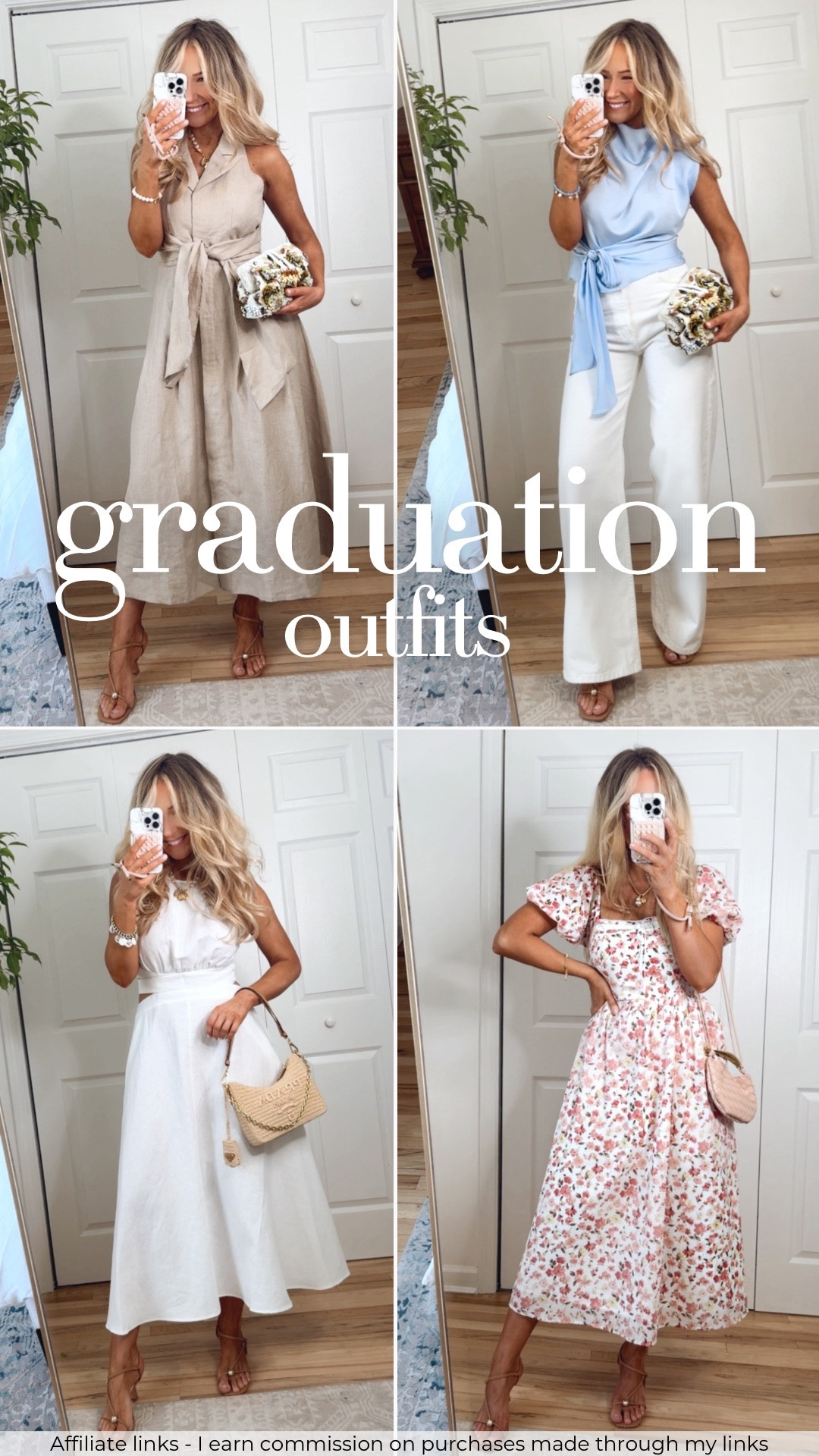 Affiliate links - I earn commission on purchases made through my links | Graduation outfits 🎓💫 SIZING INFO⬇️:
• Beige belted dress: I found it to run small, recommend sizing up one size (I’m wearing a size 8)
• 100% linen, super breathable fabric and perfect for the warm weather! 
• It’s such a classic dress and the type of dress that is really timeless and that you can wear year after year!

• Light blue top runs TTS. White jeans run TTS around the waist but they do run long in the length. (For length reference, I’m 5’6” and wearing them with about a 2” heel)
• A cute top and jean outfit is such a great outfit formula when you want to be dressy but not TOO dressy! The fun statement bag also ties everything together and adds a fun pop of color, texture, and print to the outfit! Outfit is from my latest Zara order!

• White dress runs small, recommend sizing up one size (I’m wearing a size 8).
• This is another classic summer dress but with a modern and trendy twist with the cutout detail at the sides and back! (It has a tie detail in the back.) SO pretty! This the kind of dress that you can dress up or down just by switching out your shoes and bag!

• Pink floral dress runs TTS.
• Such a great dress to have on hand for spring and summer! It’s one of those dresses that can be worn for an occasion like graduation, Mother’s Day, or a baby shower but it also could be styled casually with flat sandals and worn everyday!