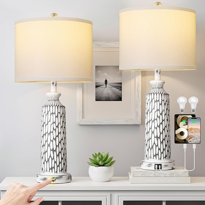 QiMH 26" Table Lamps Set of 2, Modern Bedside Lamps with USB A+C Ports, 3-Way Dimmable Touch Cont... | Amazon (US)