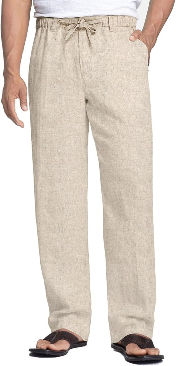 COOFANDY Men's Linen Cotton Pants Drawstring Waist Modern Waistband Trousers (Khaki, L) at Amazon... | Amazon (US)