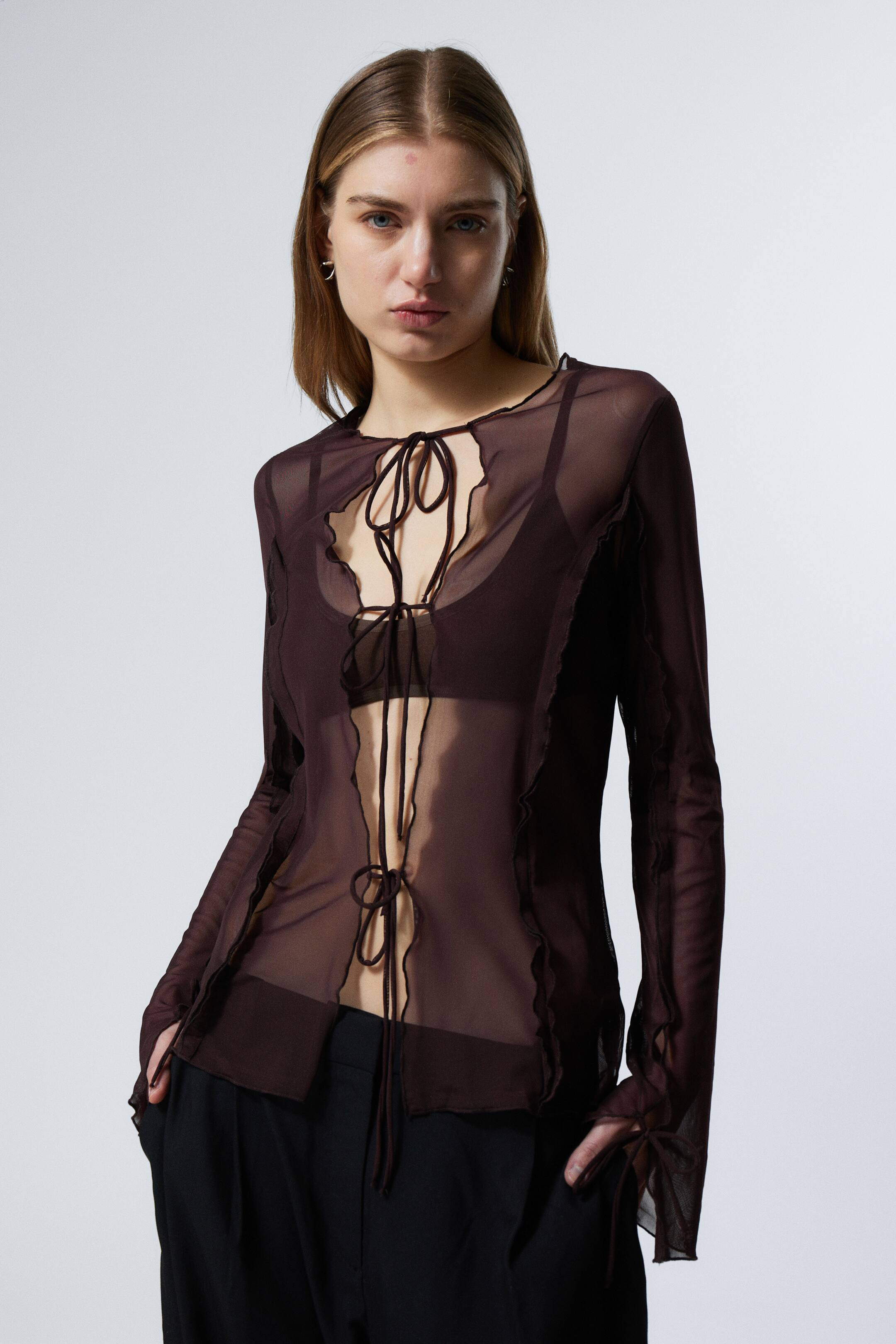 Long-Sleeved Mesh Tie Top - Dark Plum - Ladies | H&M GB | H&M (UK, MY, IN, SG, PH, TW, HK)