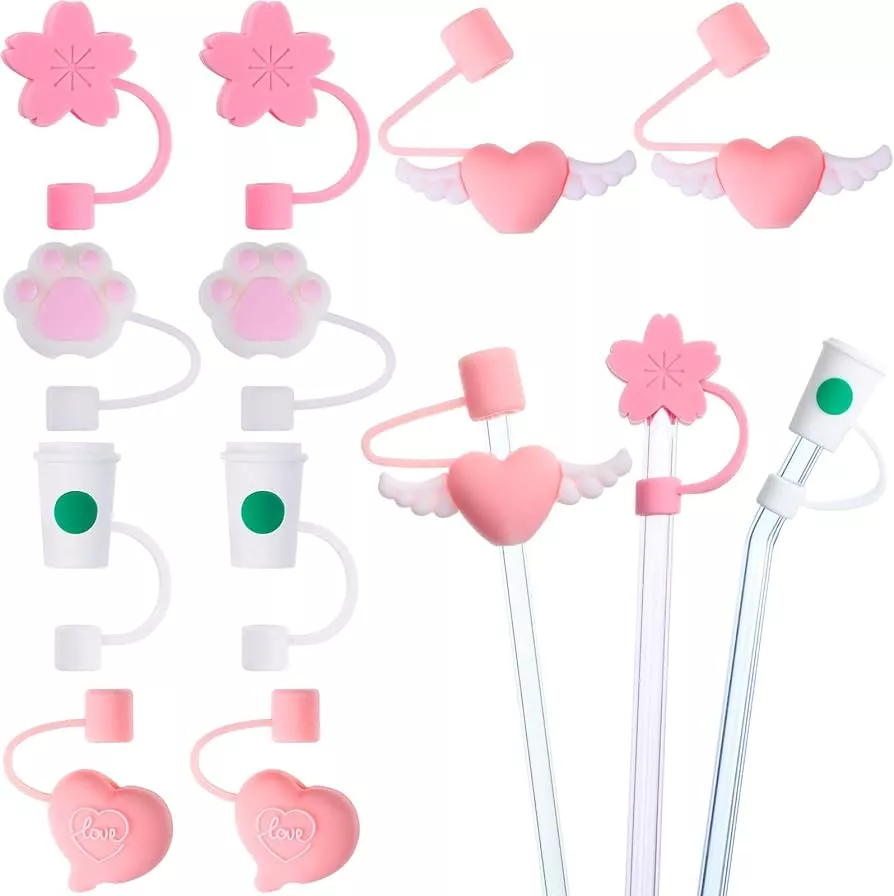 TENDYCOCO 2Pcs Cute Straw Cover Cap Silicone Reusable Straw Toppers Tips  Lids for Tumblers Straw Plug(Pink Strawberry)