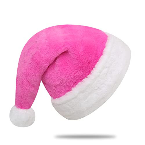 Chisander Santa Hats, Christmas Hat for Children, Unisex Pink Plush with White Cuffs Fabric Xmas Hat for Christmas New Year Festive Party Supplies | Amazon (US)