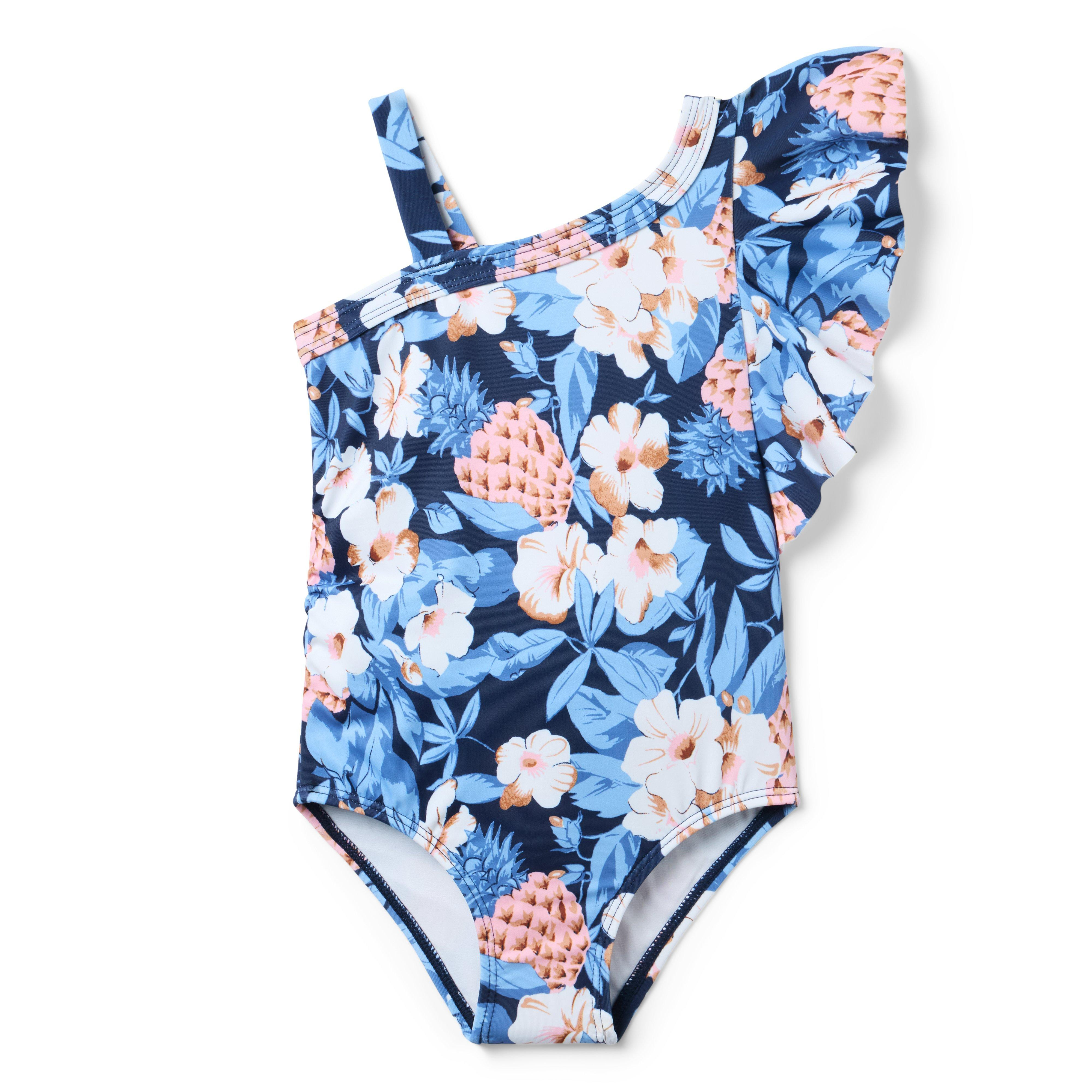 Janie and Jack | Pineapple Floral Ruffle Swimsuit - Navy / 6-12m | Janie and Jack
