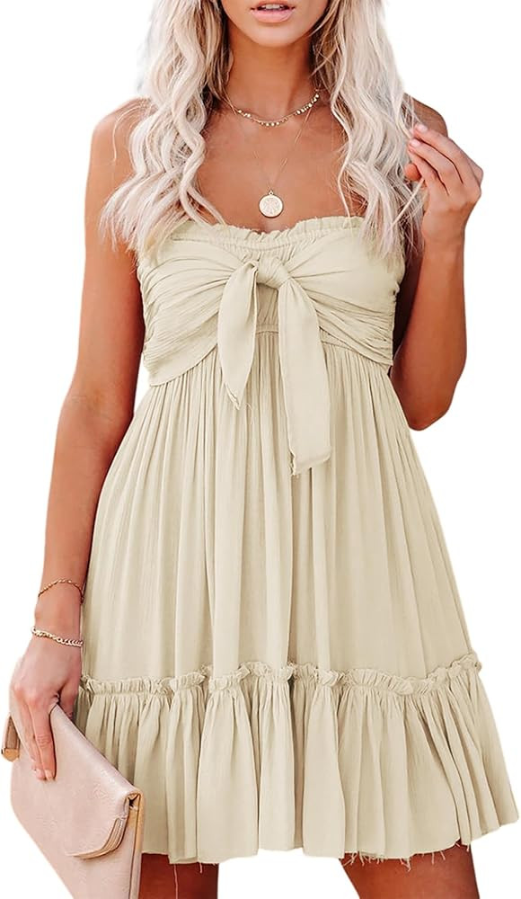 R.Vivimos Women's Summer Cotton Boho Beach Sleeveless Tie Front Mini Dress Tube Top Dress | Amazon (US)
