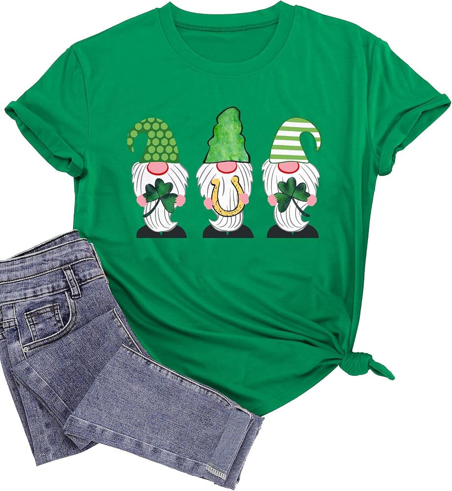 St. Patricks Day Shirt for Womens Cute Gnomes T-Shirt Shamrock Printed Shirts Short Sleeve Graphi... | Amazon (US)
