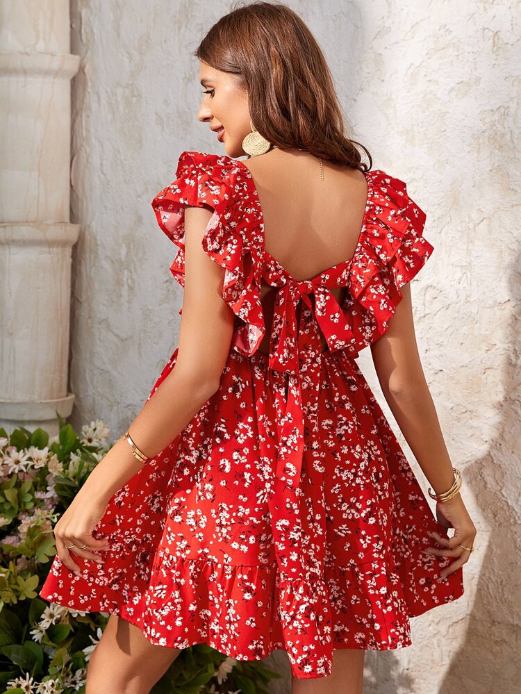 SHEIN 1pc Ditsy Floral Tie Back Sweetheart Neck Ruffle Hem Dress | SHEIN