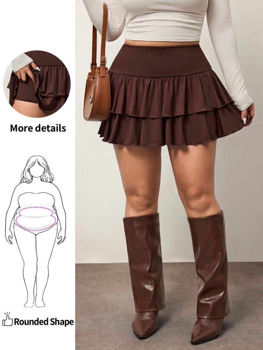 Enliva Plus Size Women Chocolate Brown Short A-Line Skirt, Cake Style, For Apple Rounded Body Sha... | SHEIN