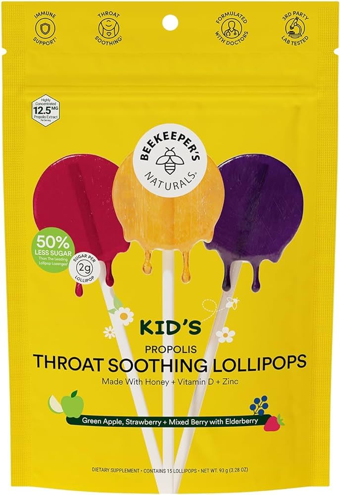 Kids' Throat Soothing Lollipops by Beekeeper's Naturals - Immune Support with Propolis, Vitamin D... | Amazon (US)