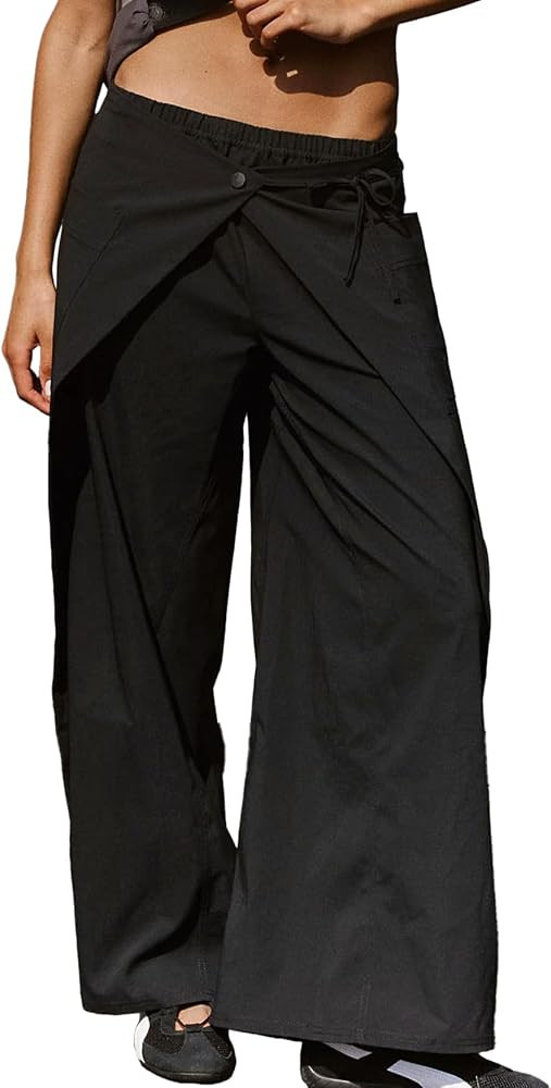 Womens Casual Wide Leg Pants Elastic Wasit Low Rise Front Crossover Drawstring Parachute Baggy Tr... | Amazon (US)