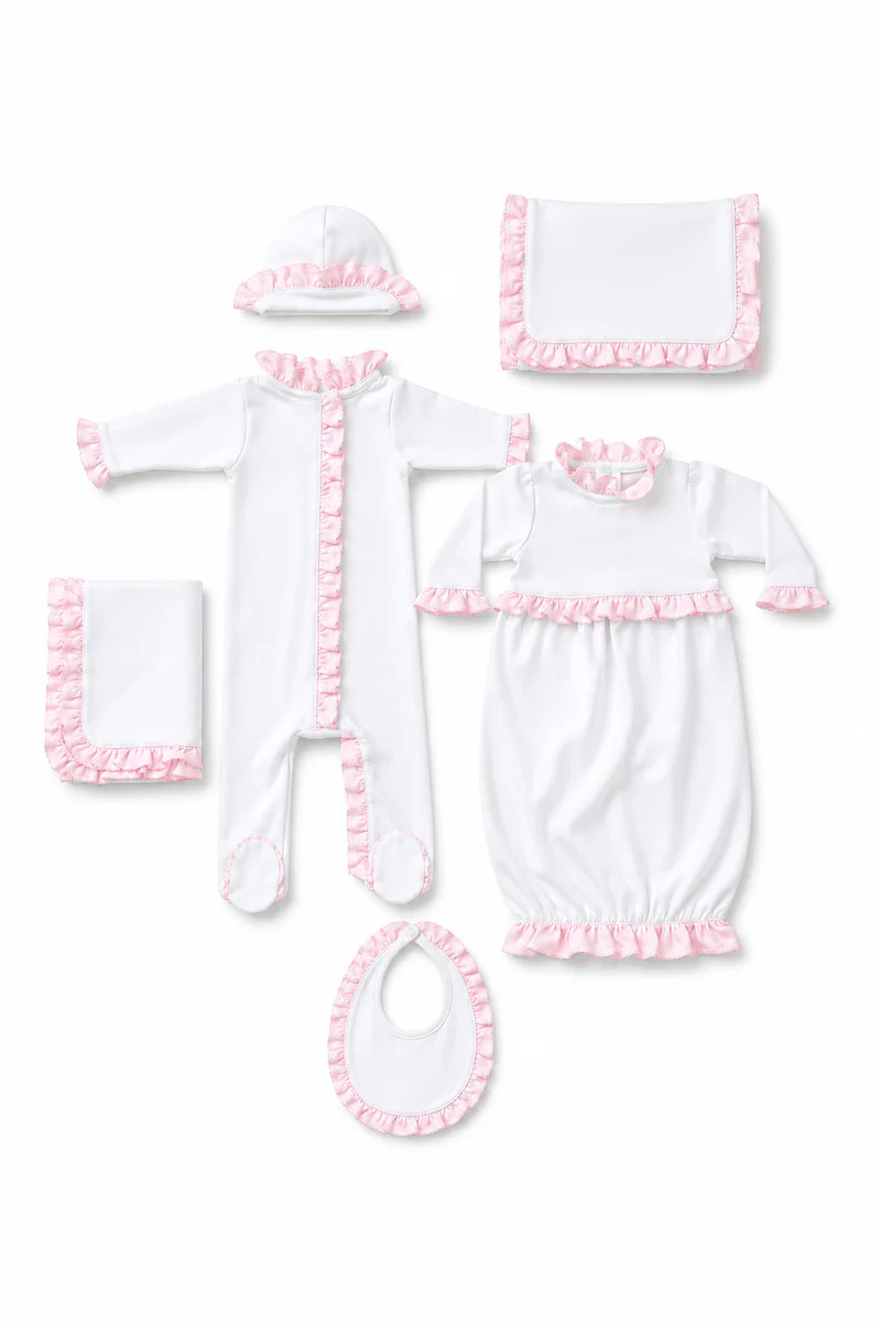White with Baby Pink Ruffle Personalized Baby Coming Home Set | Caprilina