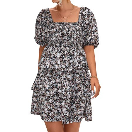 ZXZY Women Floral Print Square Neck Puff Short Sleeve Boho Layered Ruffle Mini Dress | Walmart (US)