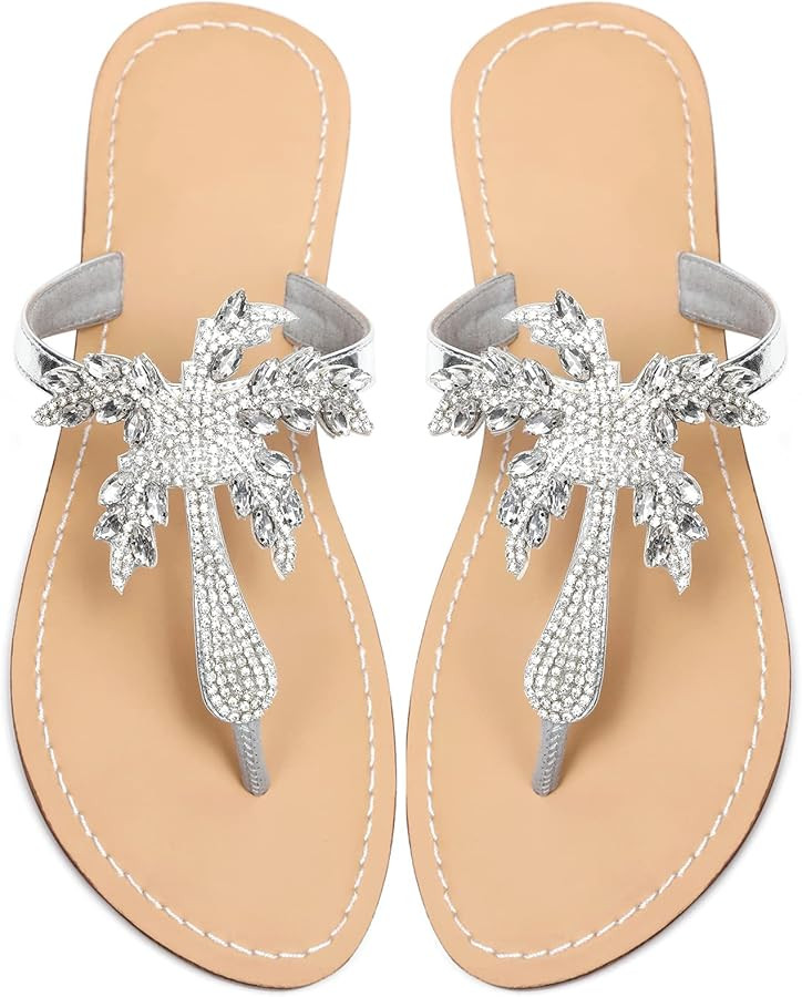 Women's Rhinestone Jeweled Flat Beach Wedding Summer Sandals Gold Rhinestone Jeweled Sandals for ... | Amazon (US)