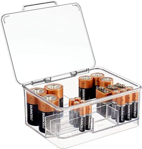 mDesign Stackable Divided Battery Storage Organizer Box Bin with Hinged Lid for AA, AAA, C, D, 9 ... | Amazon (US)