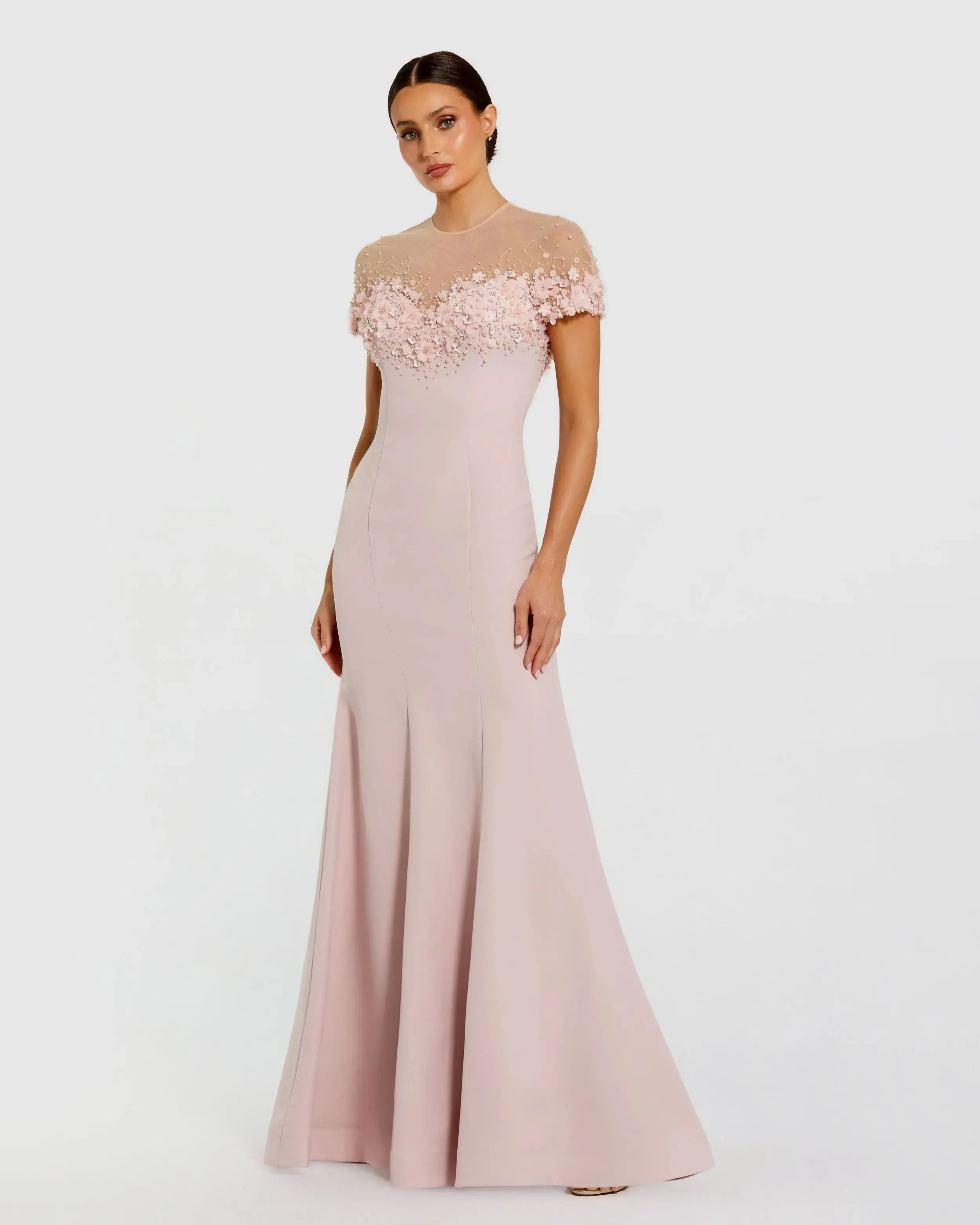Pink Crepe Mermaid Gown With Beaded Illusion Neck | Mac Duggal | Mac Duggal