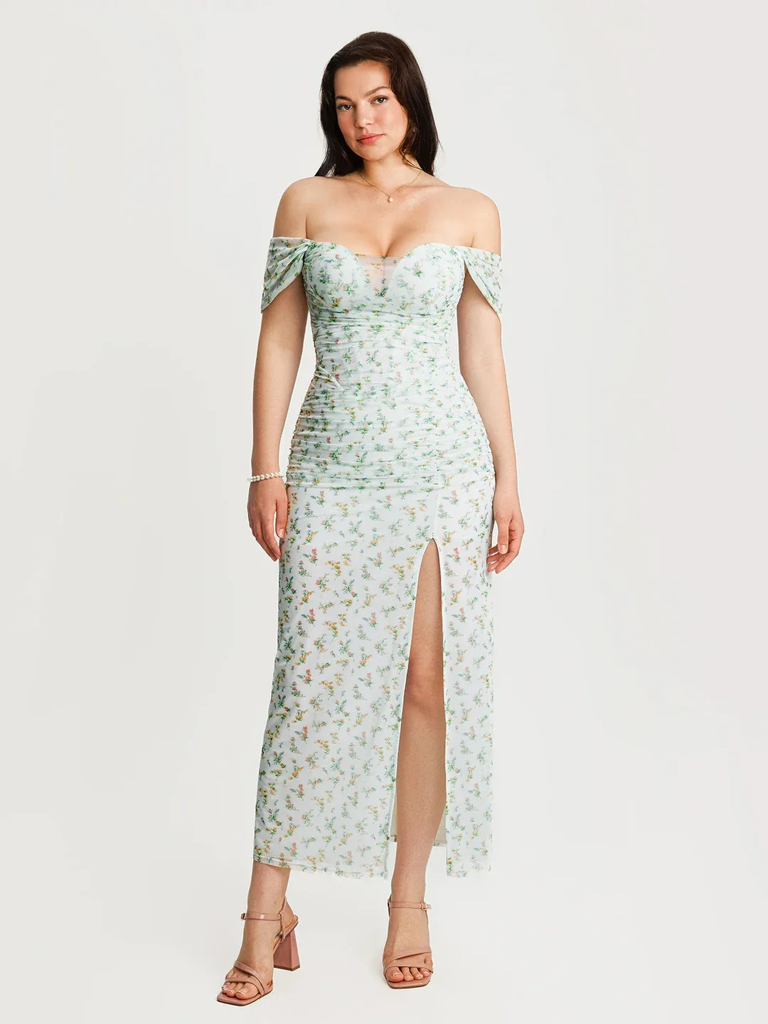 Off-The-Shoulder Sculpting Floral Print Maxi Dress | Popilush
