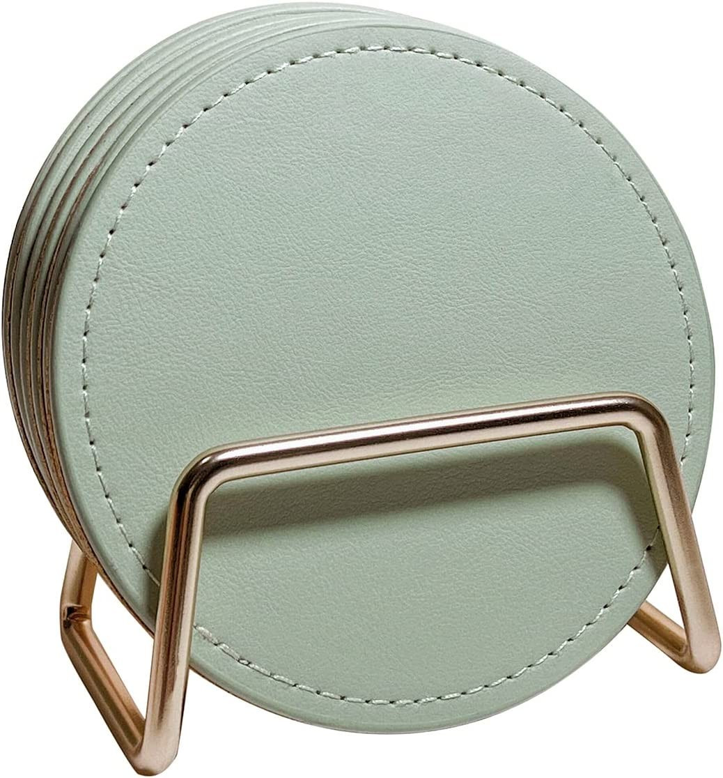 Drawwind Coaster Set of 6 with Metal Holder, Leather Coasters for Drinks with Cork Base, Round Cu... | Amazon (US)