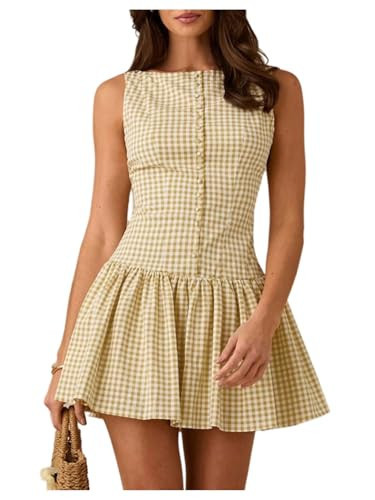 OYOANGLE Women's Gingham Sleeveless Ruffle Short Dress Open Back Button Front Y2K Plaid Dresses Yellow Large | Amazon (US)