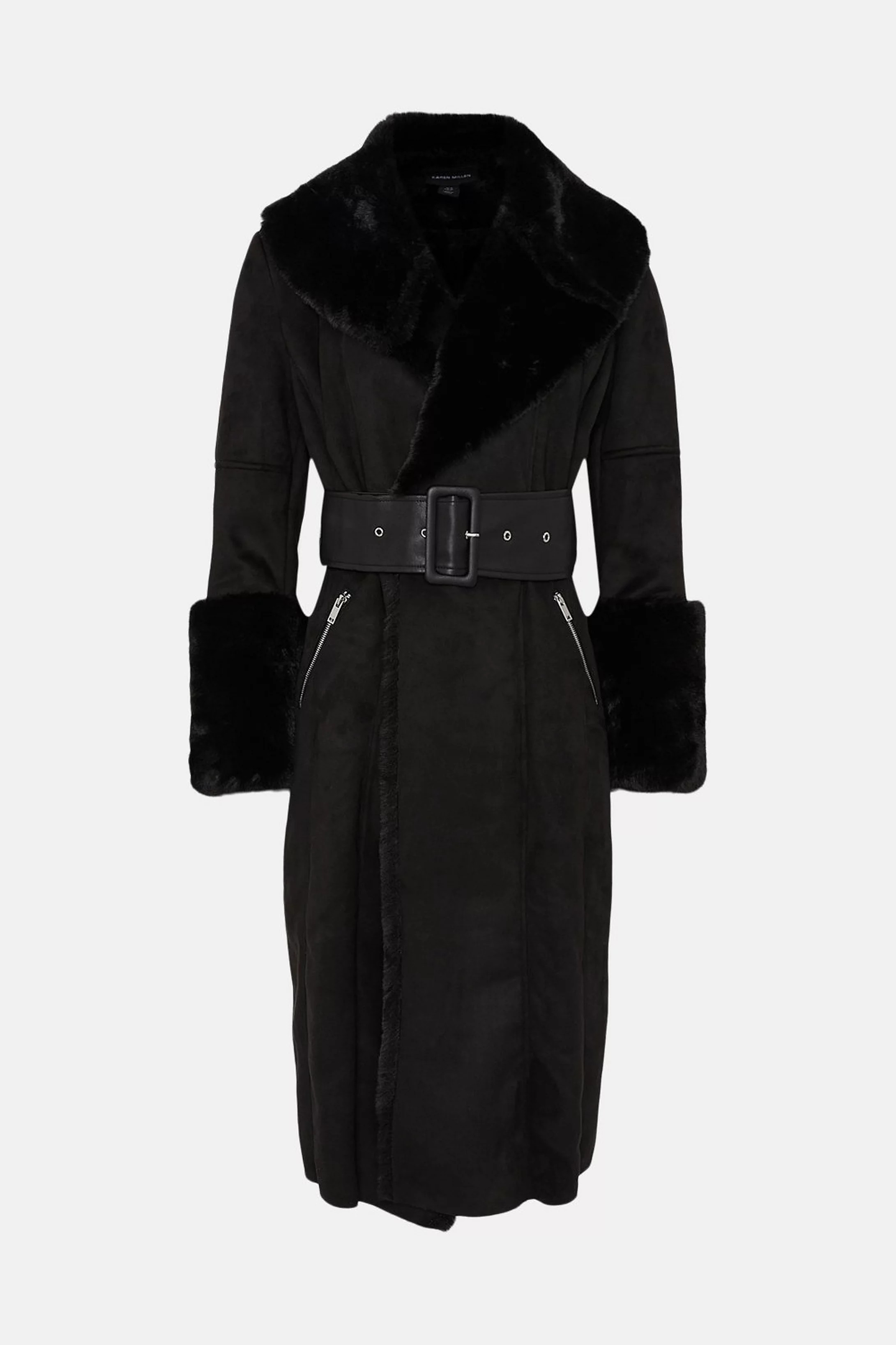 Long Mock Shearling Belted Coat | Karen Millen UK + IE + DE + NL