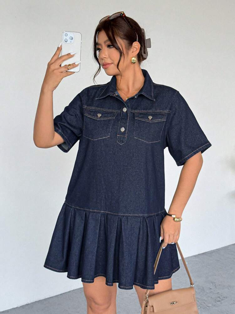 Plus Size Solid Color Ruffle Hem Button Casual Versatile Short Sleeve Denim Dress,Summer Outfit For Women,Festival Outfits For Women ,Party,Wedding,Elegant,Casual,Vacation,Business,Women's Plus Size Denim Shirt Dress, Collared Half Button Down Short Sleeve Ruffle Hem Mini Dress With Pockets For Casual Daily Outfits,2026 New Plus Size Denim Mini Dress For Women, Collared Half Button Short Sleeve Ruffle Hem Shirt Dress With Pockets, Casual Daily Outfit,Elegant Plus Size Denim Shirt Dress, Collared Half Button Down Short Sleeve Ruffle Hem Mini Dress With Pockets For Women's Casual & Weekend Wear | SHEIN