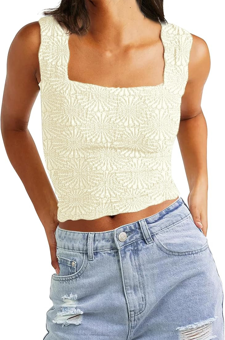 MISSACTIVER Women Square Neck Wide Straps Crop Tank Tops Casual Floral Sleeveless Lettuce Trim Sl... | Amazon (US)