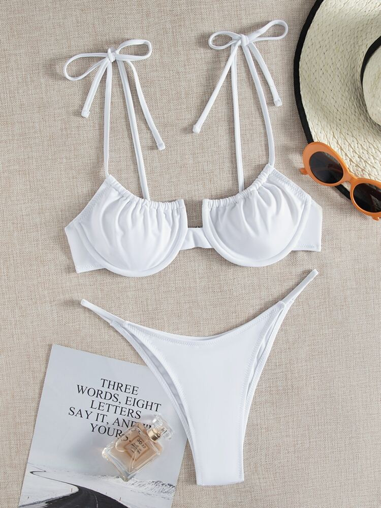 Tie Shoulder Underwire Thong Bikini Swimsuit | SHEIN