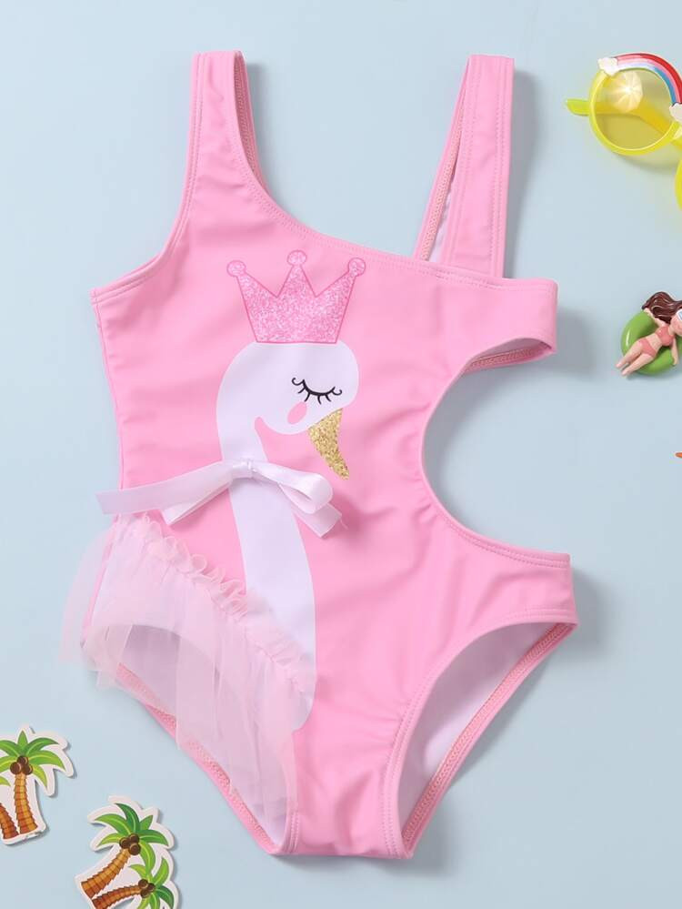Toddler Girls Swan Print Cut-out One Piece Swimsuit | SHEIN